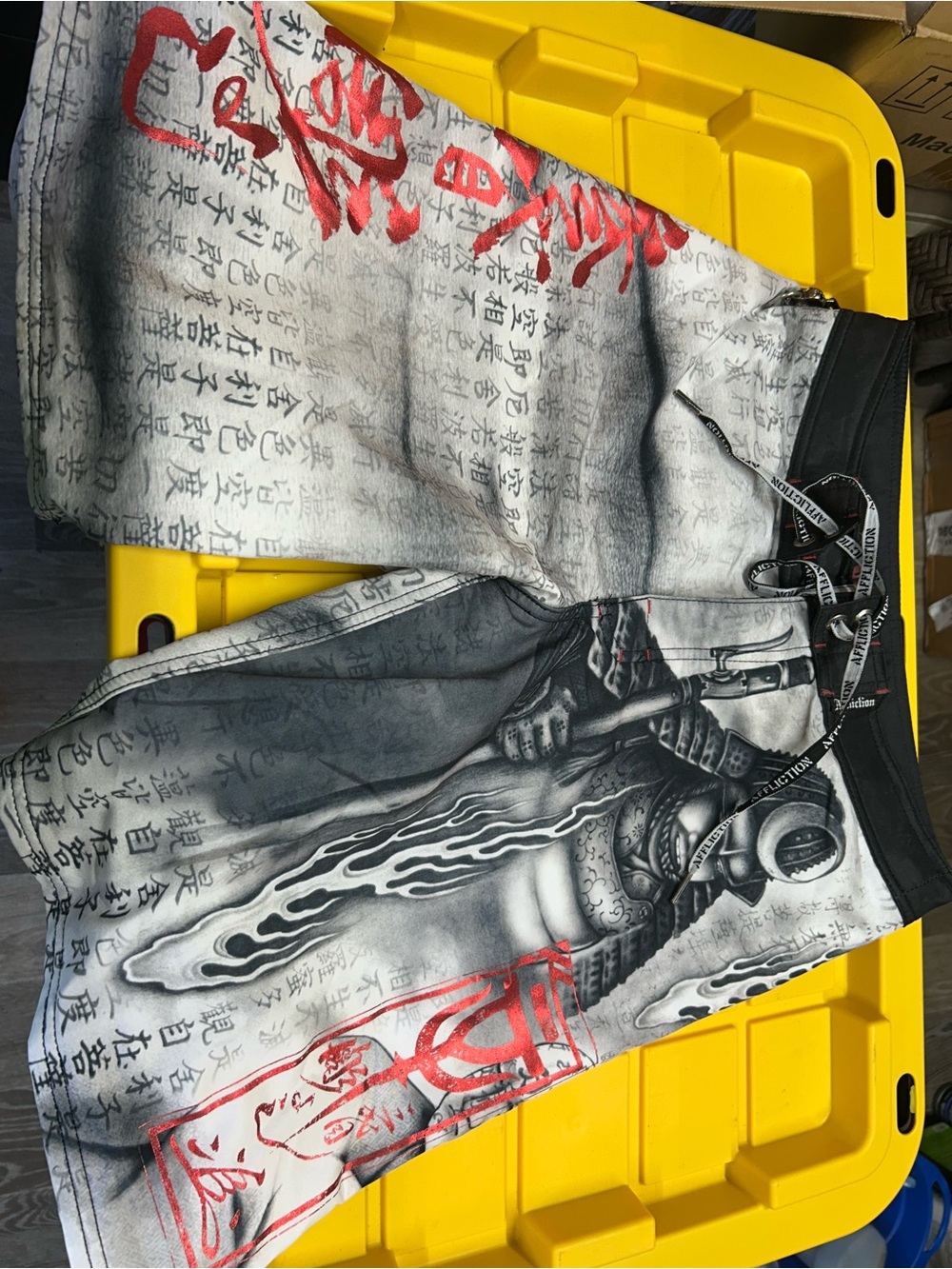Affliction Men’s Black, White & Red Graphic Swim Board Shorts